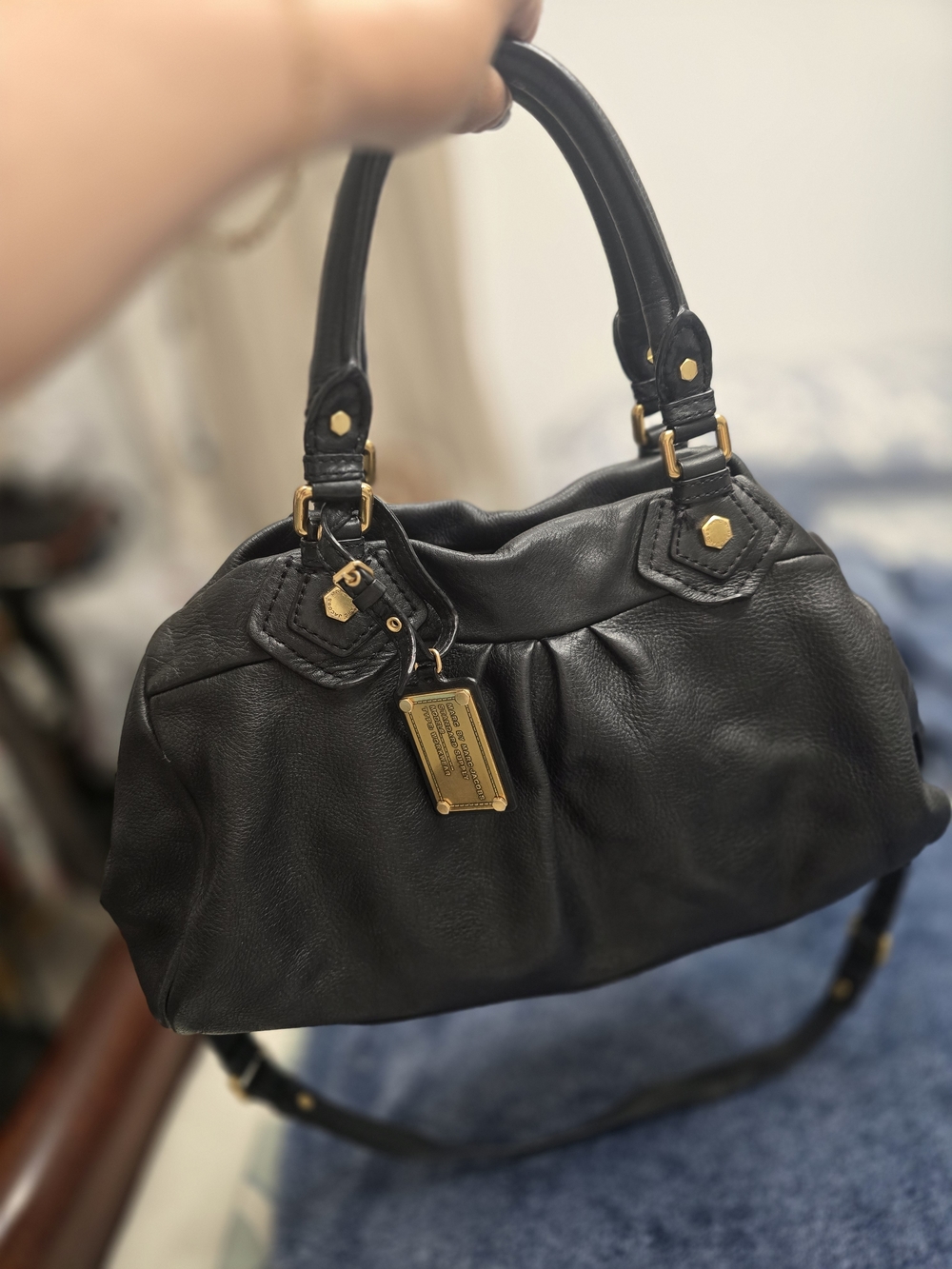 Marc Jacobs Black Leather Dome Crossbody with Gold Hardware
